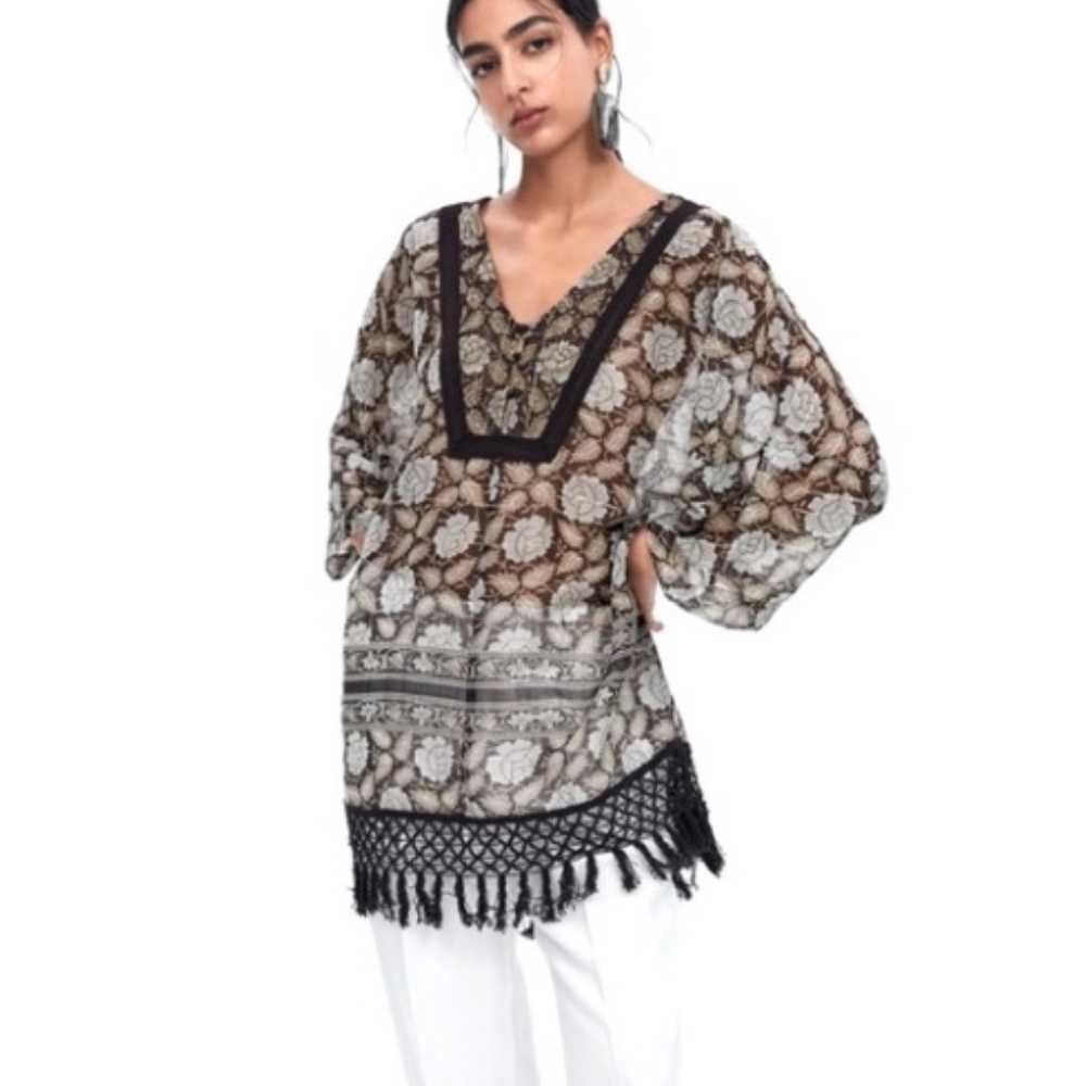 NWT ZARA SEMI-SHEER TUNIC W/ GOLD METALLIC THREAD